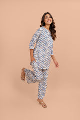 Blue Floral Cotton Loungewear Set