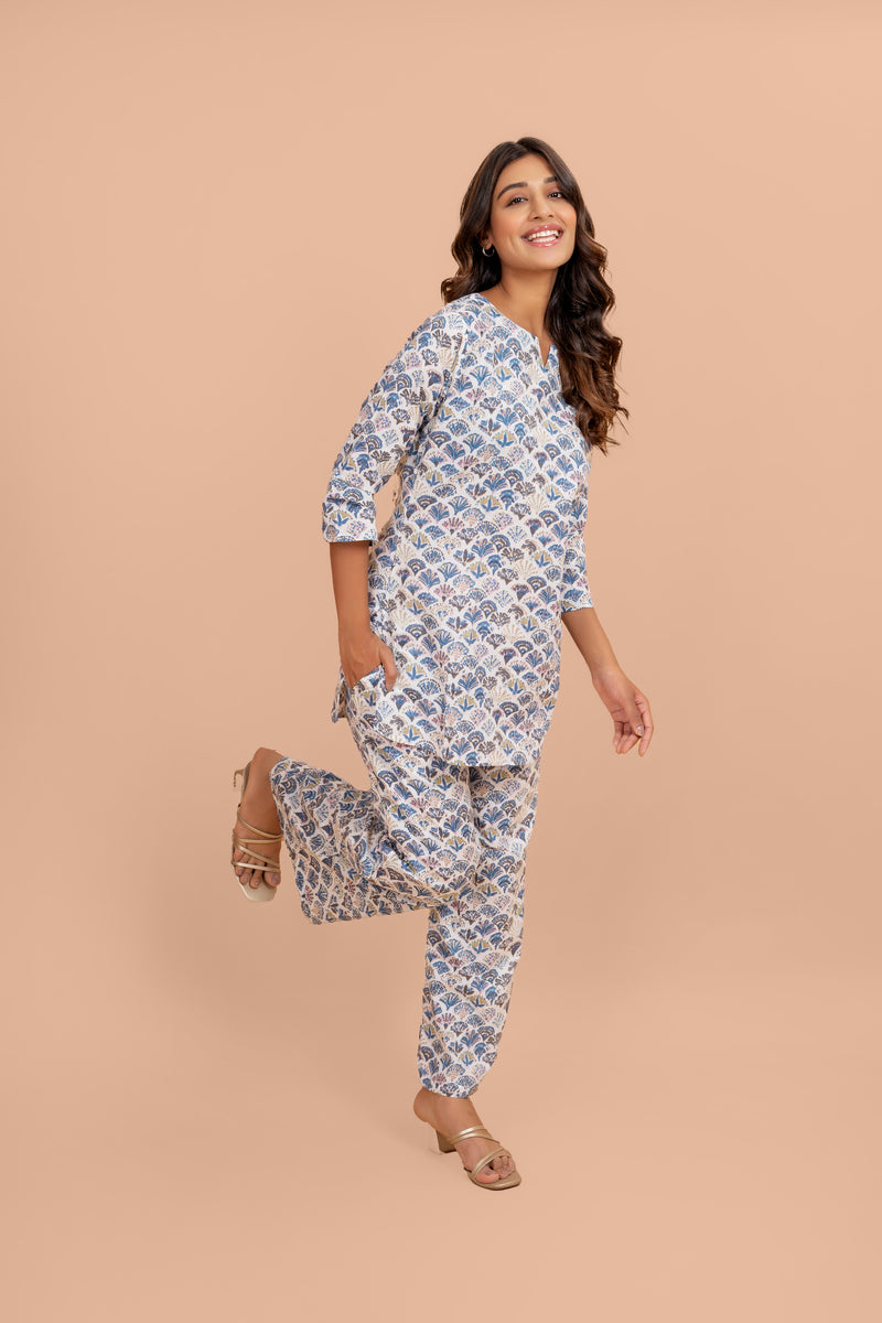 Blue Floral Cotton Loungewear Set