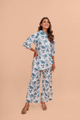 Teal Blue Floret Cotton Loungewear Set