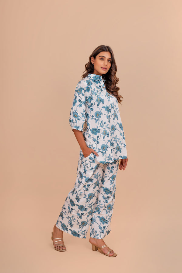 Teal Blue Floret Cotton Loungewear Set