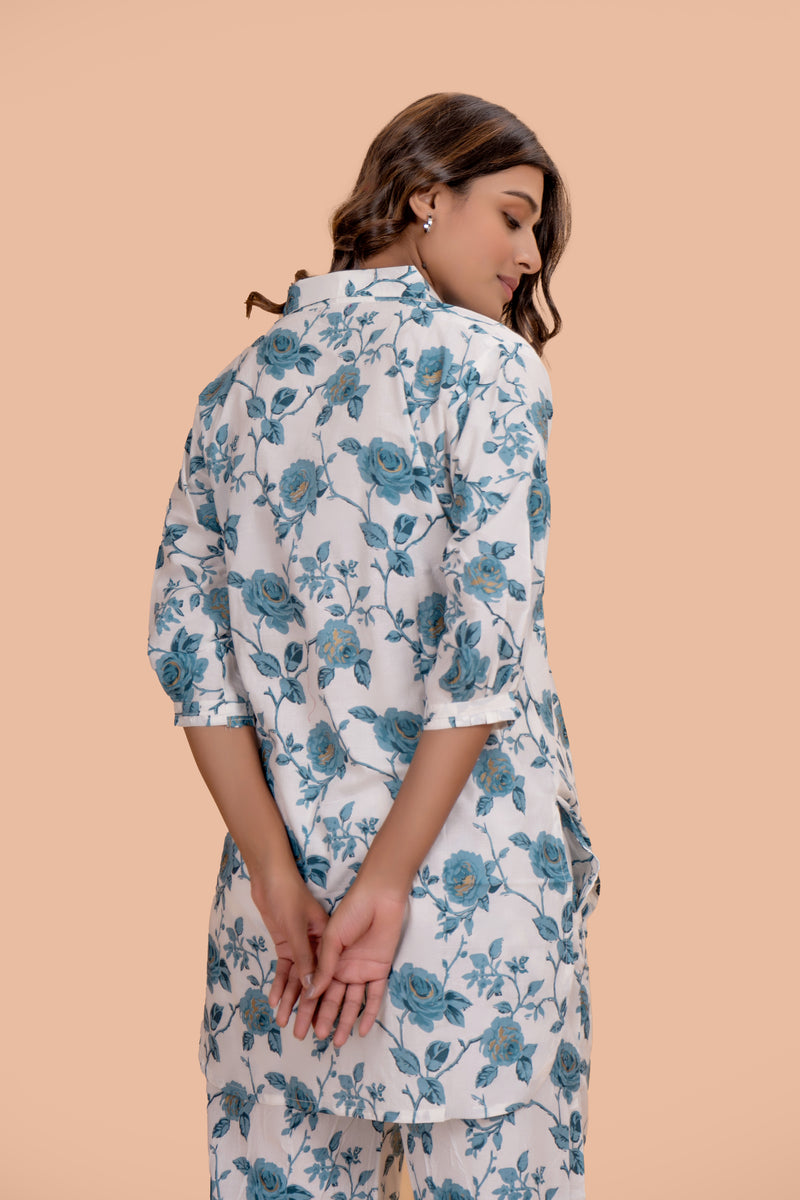 Teal Blue Floret Cotton Loungewear Set