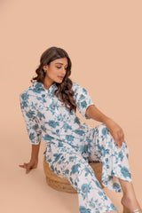 Teal Blue Floret Cotton Loungewear Set