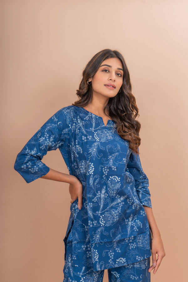 Indigo Dotted Blossom Cotton Loungewear Set