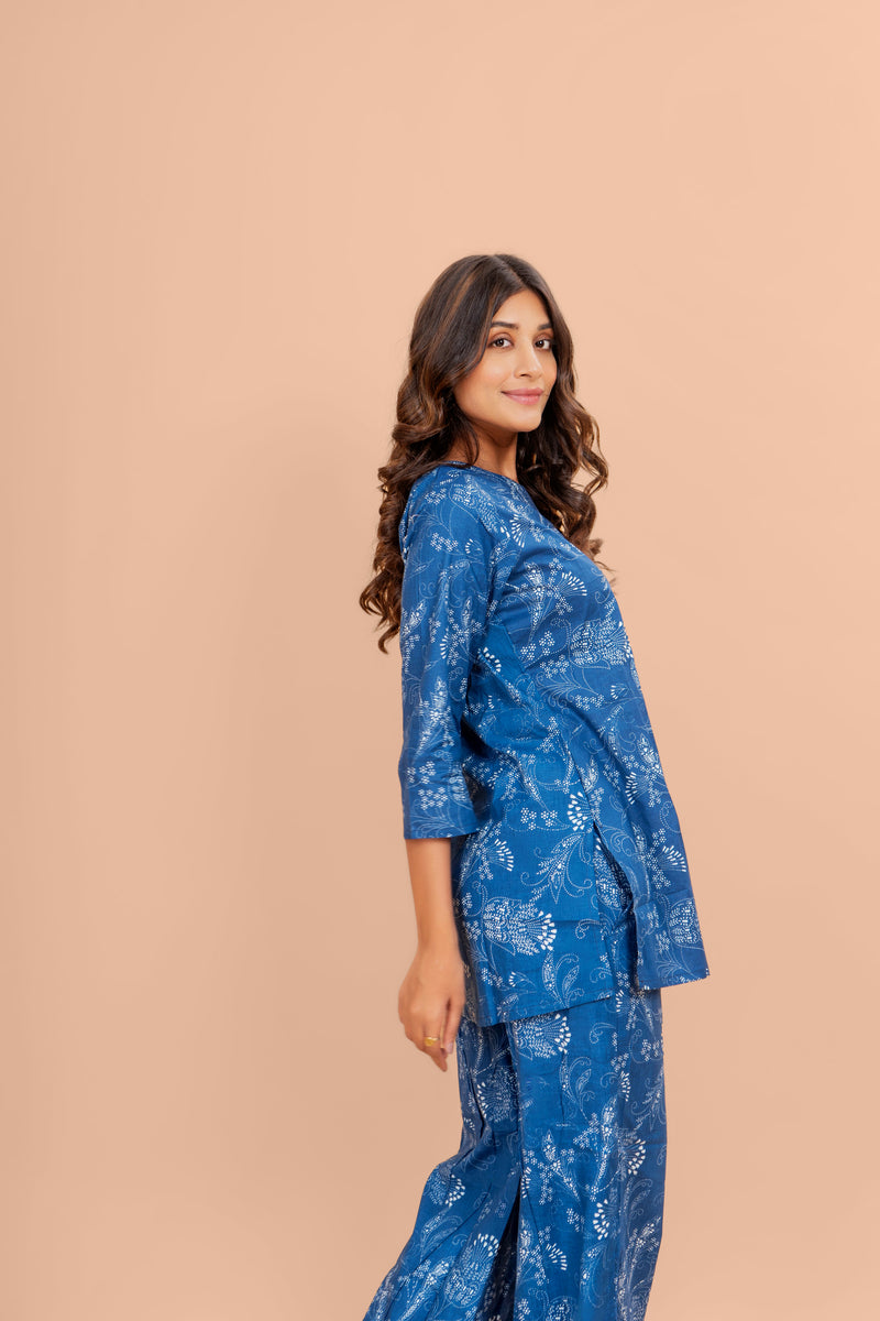 Indigo Dotted Blossom Cotton Loungewear Set