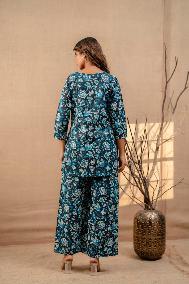 Aqua Floral Cotton Loungewear Co-ord Set