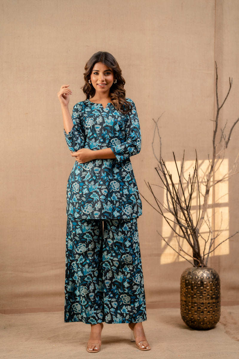 Aqua Floral Cotton Loungewear Co-ord Set