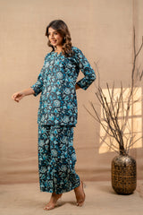 Aqua Floral Cotton Loungewear Co-ord Set