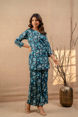 Aqua Floral Cotton Loungewear Co-ord Set