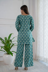 Teal Floret Cotton Loungewear Co-ord Set