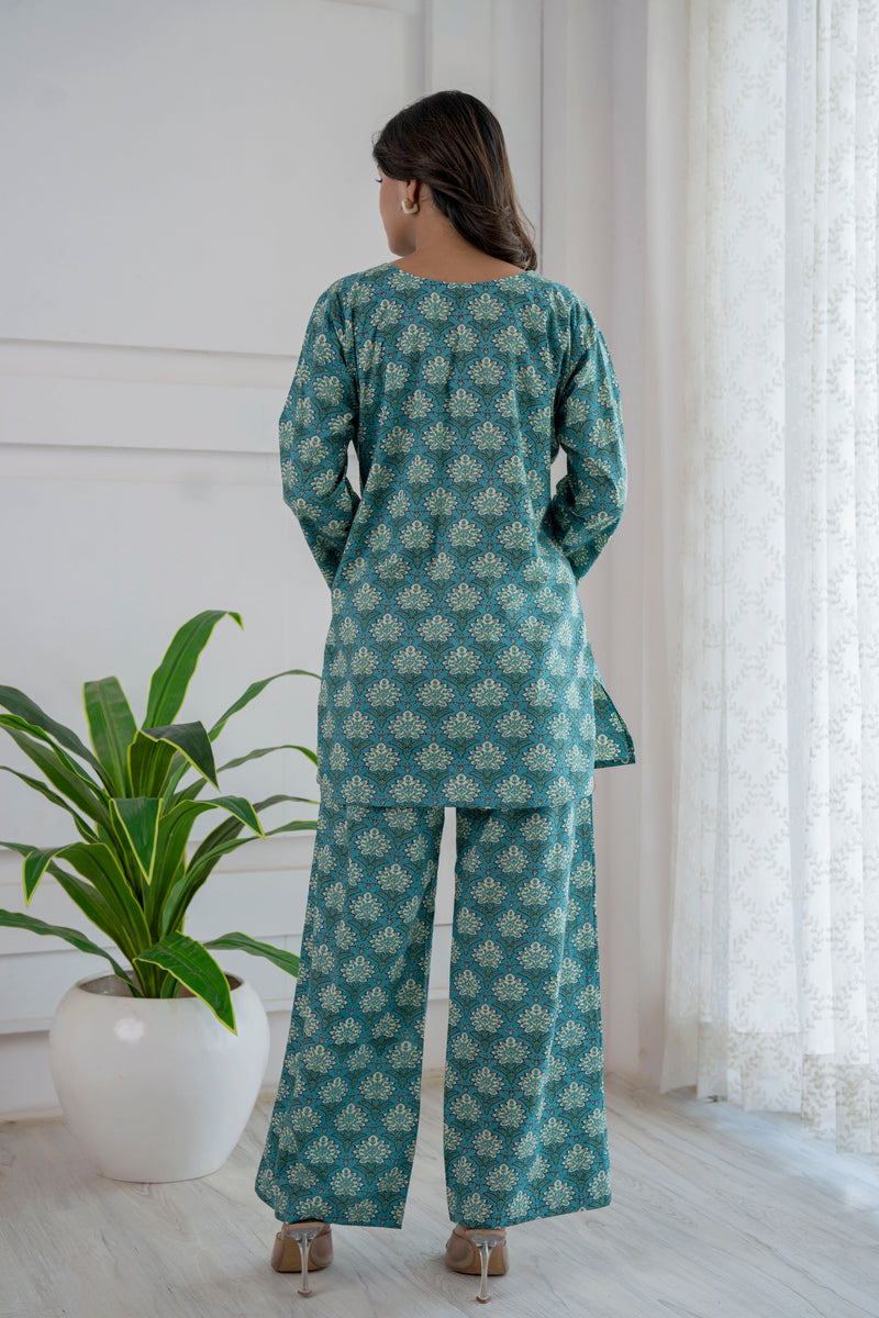 Teal Floret Cotton Loungewear Co-ord Set