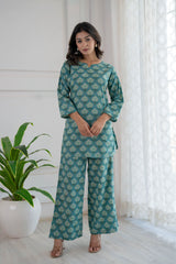 Teal Floret Cotton Loungewear Co-ord Set