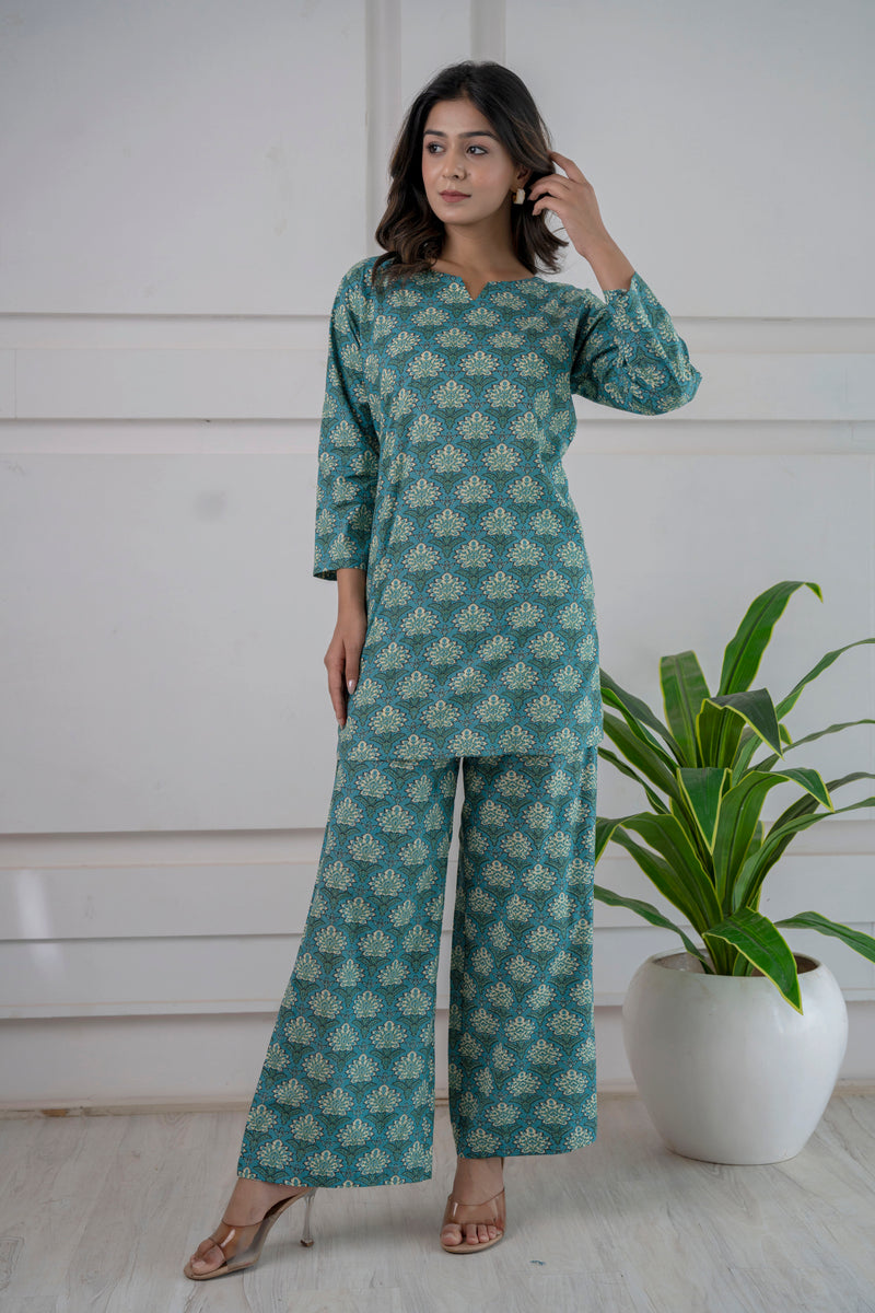 Teal Floret Cotton Loungewear Co-ord Set