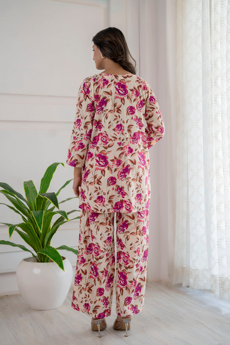 Magenta Bloom Cotton Loungewear Co-ord Set