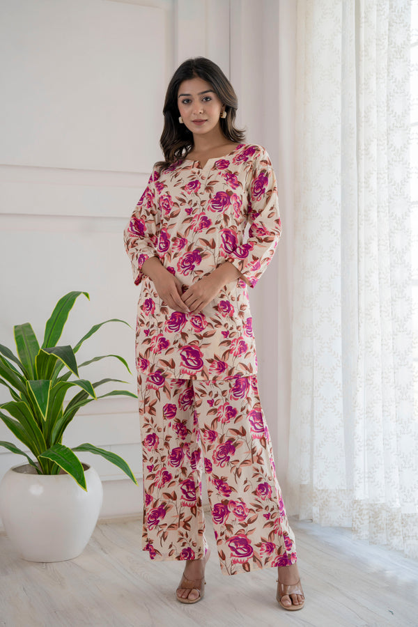 Magenta Bloom Cotton Loungewear Co-ord Set