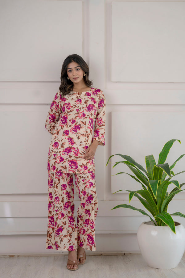 Magenta Bloom Cotton Loungewear Co-ord Set